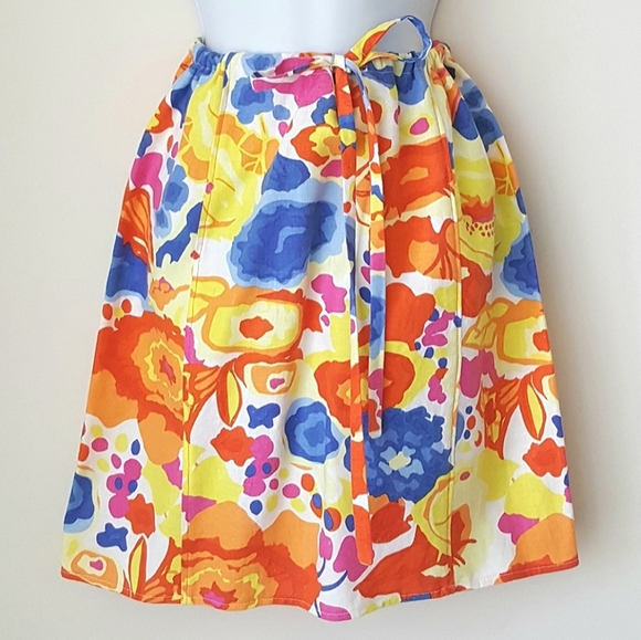 paroliro Dresses & Skirts - Linen Skirt Sz Medium Blue Orange Abstract Large Scale Floral Design